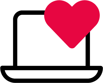 Ikon med en bærbar datamaskin og et rødt hjerte