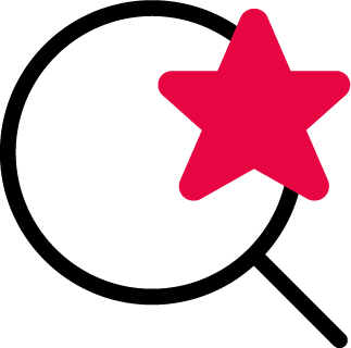 Ikon med et forstørrelsesglass og en rød stjerne
