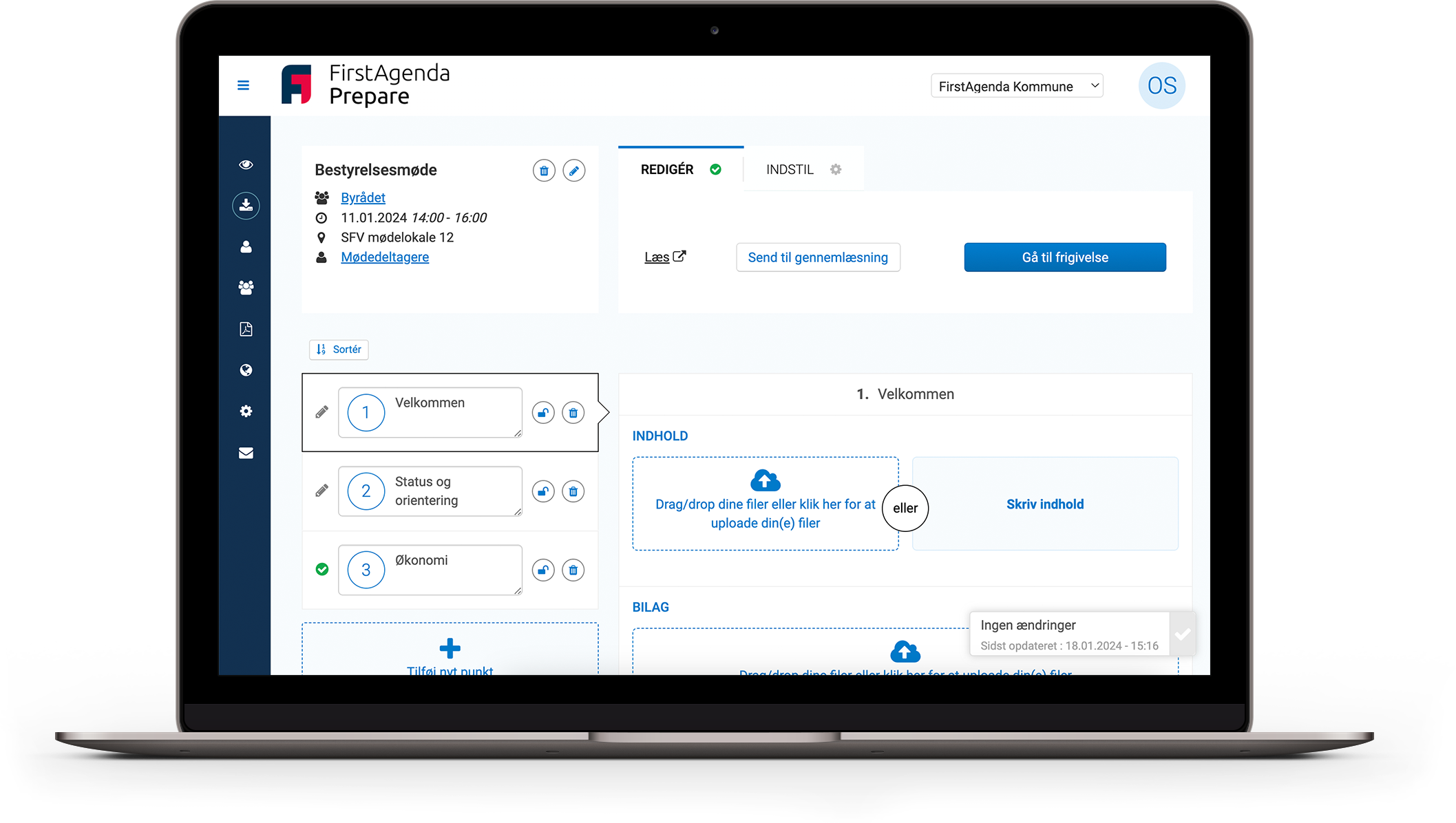 Dator med en skärmdump av en dagordning som skapas i FirstAgenda Prepare