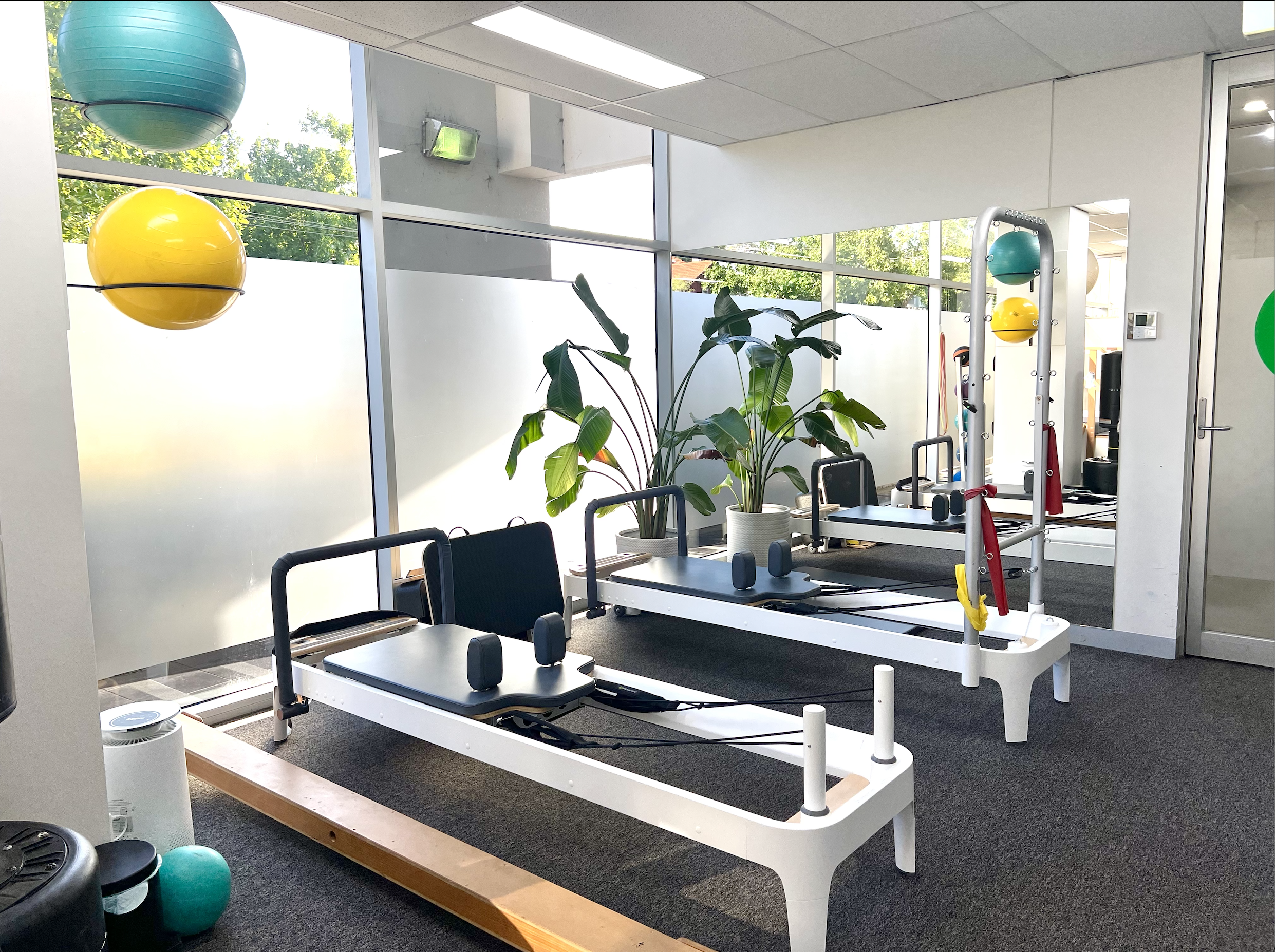 Fitness studio with Pilates reformer machines, exercise balls, potted plant, mirror, and large windows with frosted glass