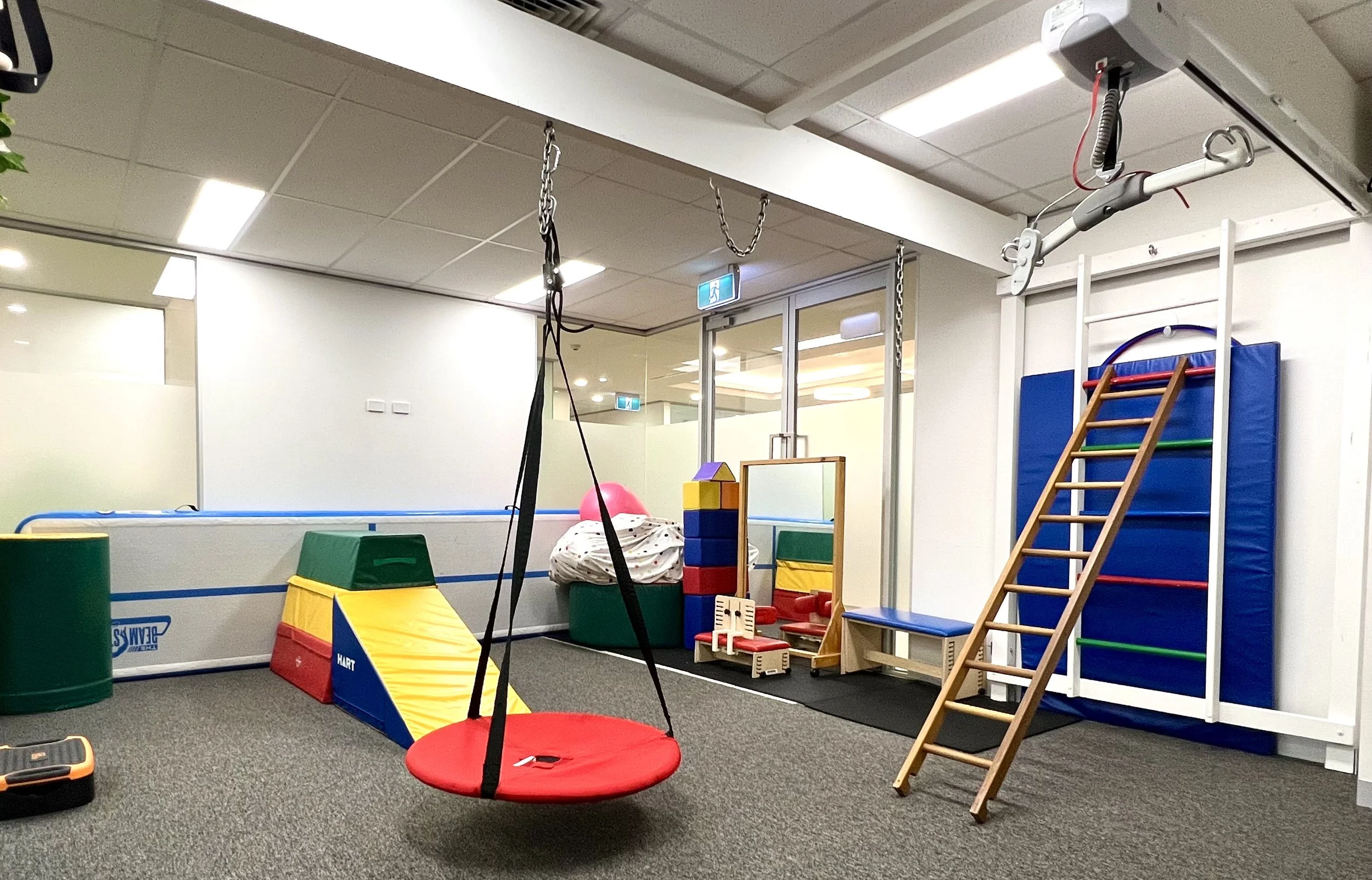 Indoor playroom with soft play equipment, climbing ladder, padded wall, and a swing in a daycare or therapy center.