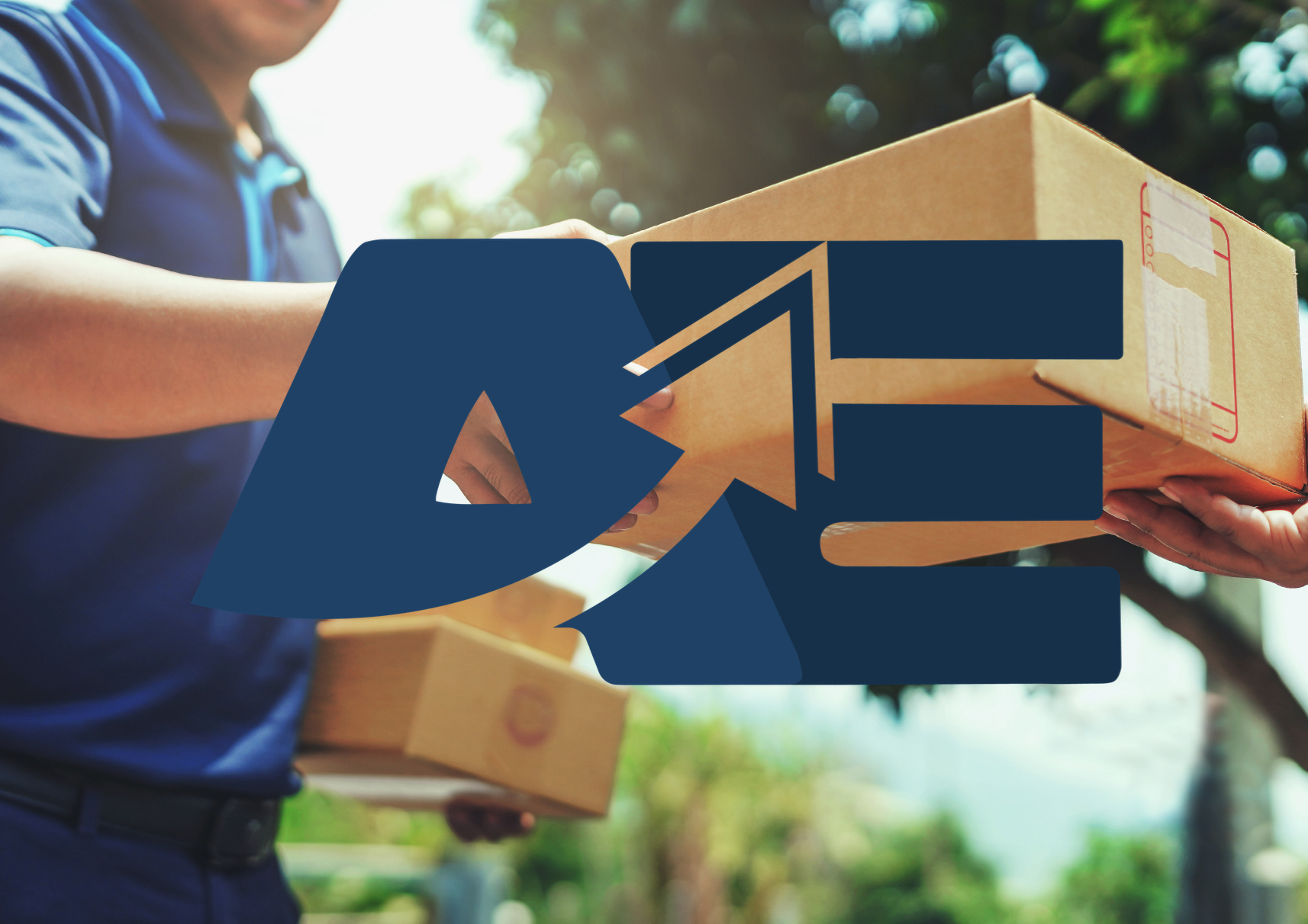 A person receiving a package outdoors with the DHL logo overlayed.