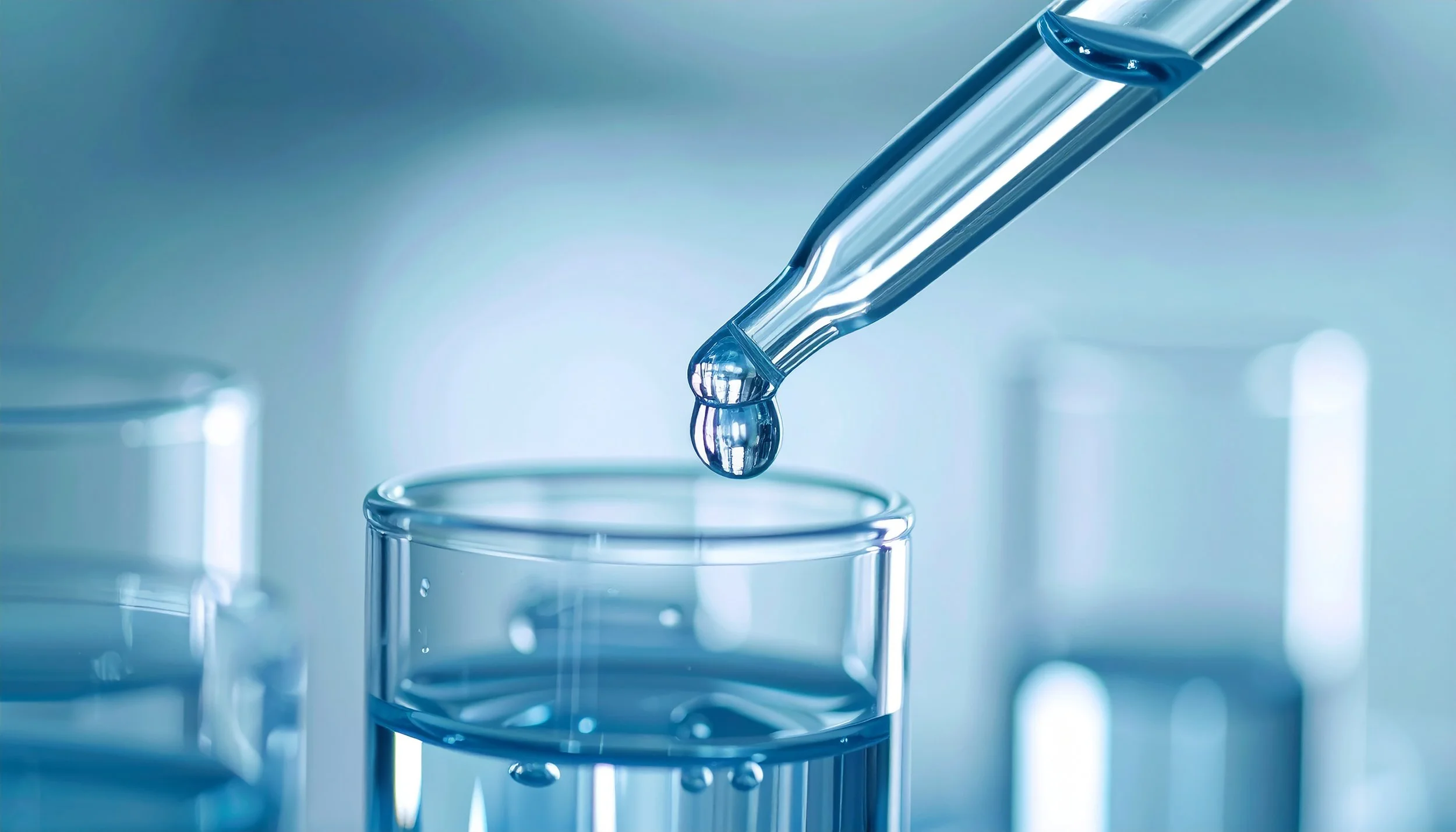 Hands holding a glass container with blue liquid and using a pipette to add more liquid into it.