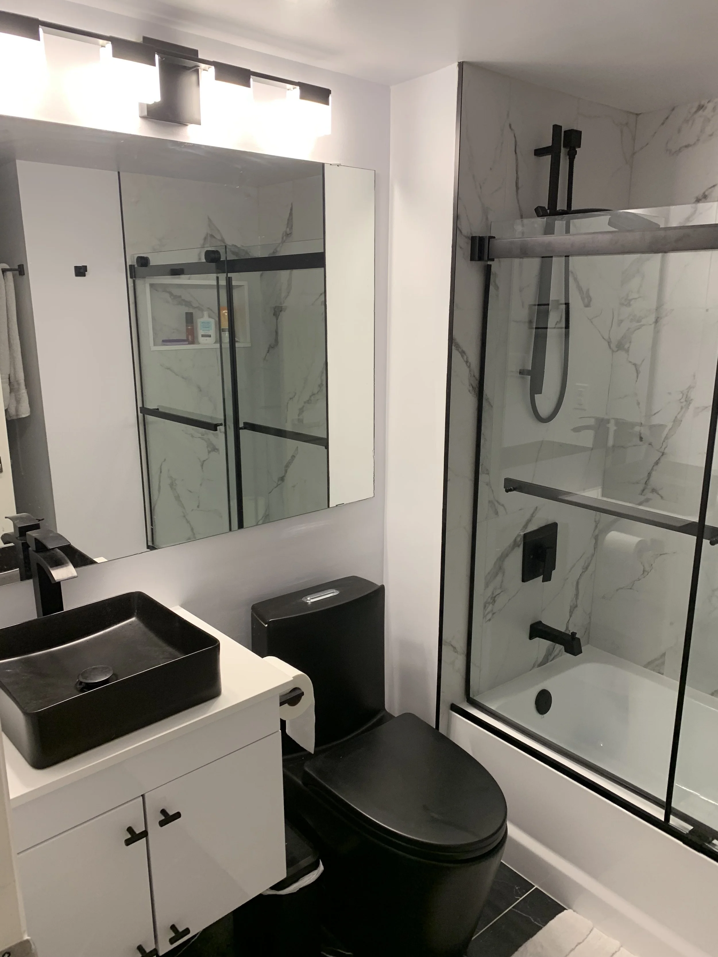 Black and white sink, toilet, and vanity including shower