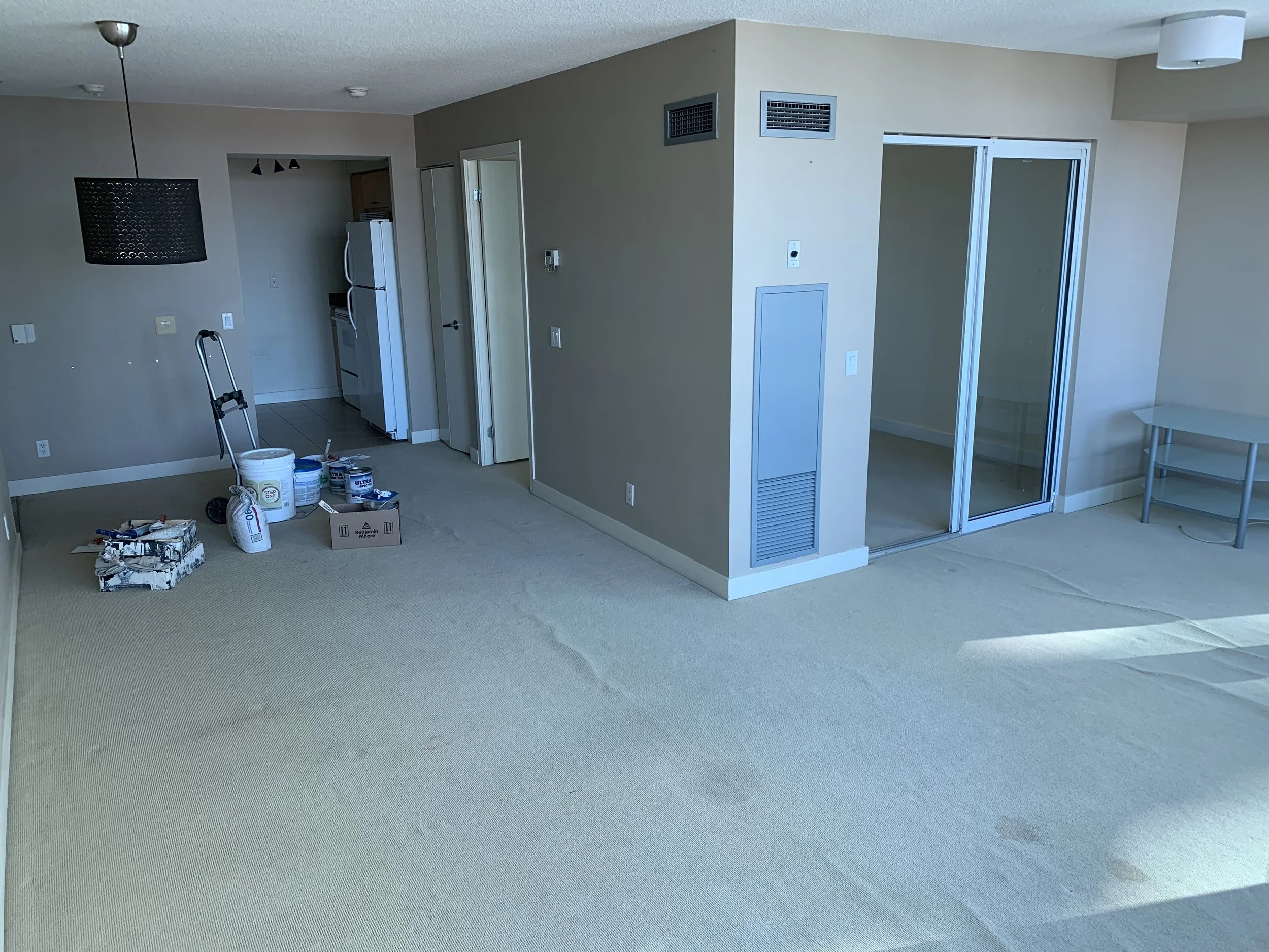 View showing apartment before the carpets are taken out, only recently painted