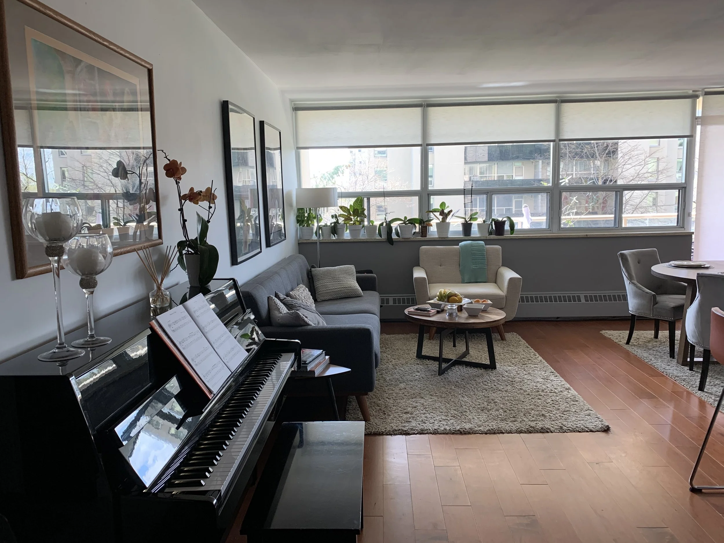 Fully furnished renovated condo with piano and couch