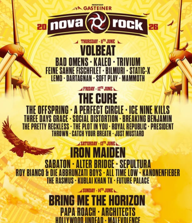 Nova Rock 2026 music festival poster with dates and main bands.