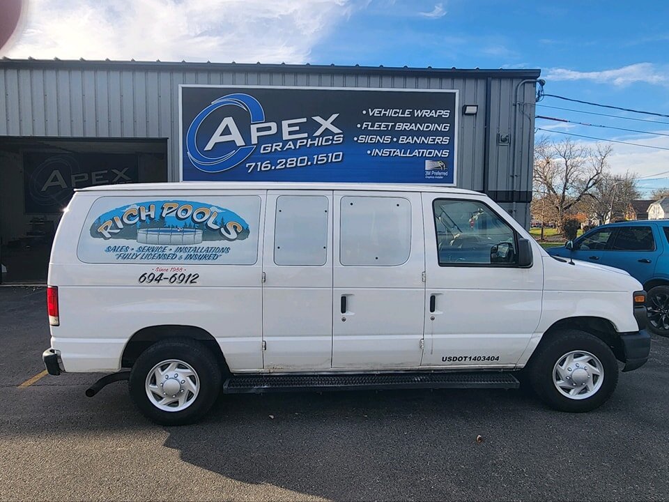 From hand painted graphics to new printed window perf. We were able to re design this van project to still keep the look of his traditional hand panted logo while digitally printing it on perforated window film.