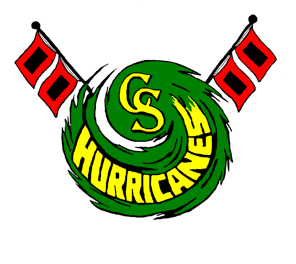 A colorful illustration with green, yellow, black, and red elements. It features the words 'GS' and 'HurriCane' calligraphically integrated, with two red and black flags on each side.