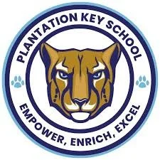 Logo of Plantation Key School featuring a tiger's face with blue paw prints, with the motto 'Empower, Enrich, Excel'.