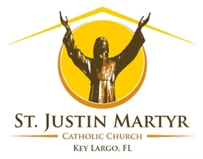 Logo of St. Justin Martyr Catholic Church in Key Largo, Florida, featuring a sculpture of Jesus with arms raised inside a yellow circle and roof outline, with the church name below.