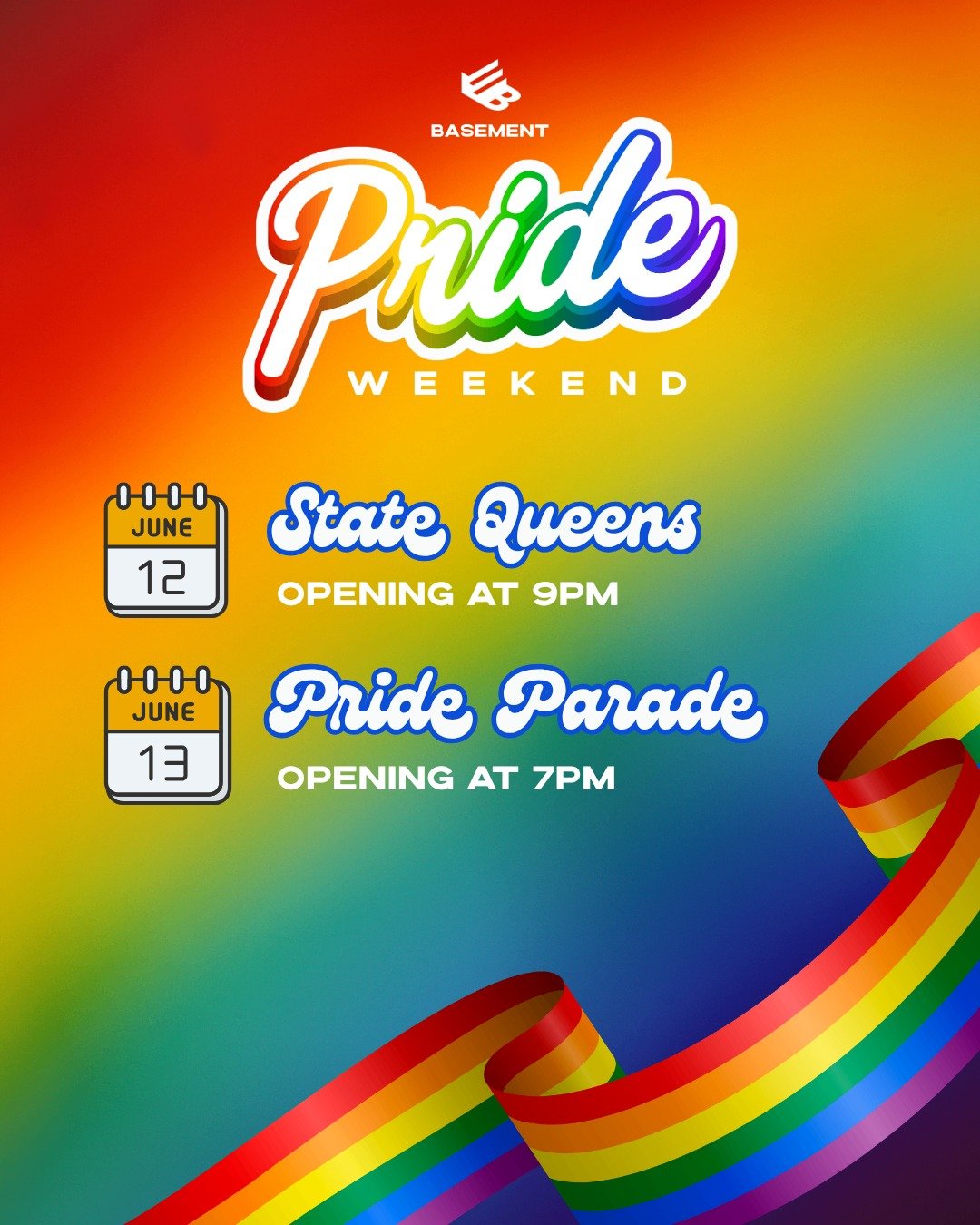 Get ready for a HUGE Pride Weekend at The Basement! 🎉 We're turning up the volume and bringing all the good vibes. 

➡️ Friday, June 12: State Queens hit the stage! Doors open at 9 PM. You know they bring the energy! 

➡️ Saturday, June 13: Join us 