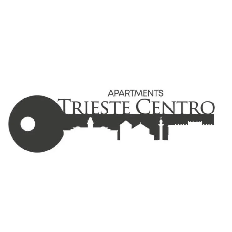 Logo in bianco e nero per Trieste Centro Apartments con silhouette della skyline di Trieste, inclusi il castello e il faro.