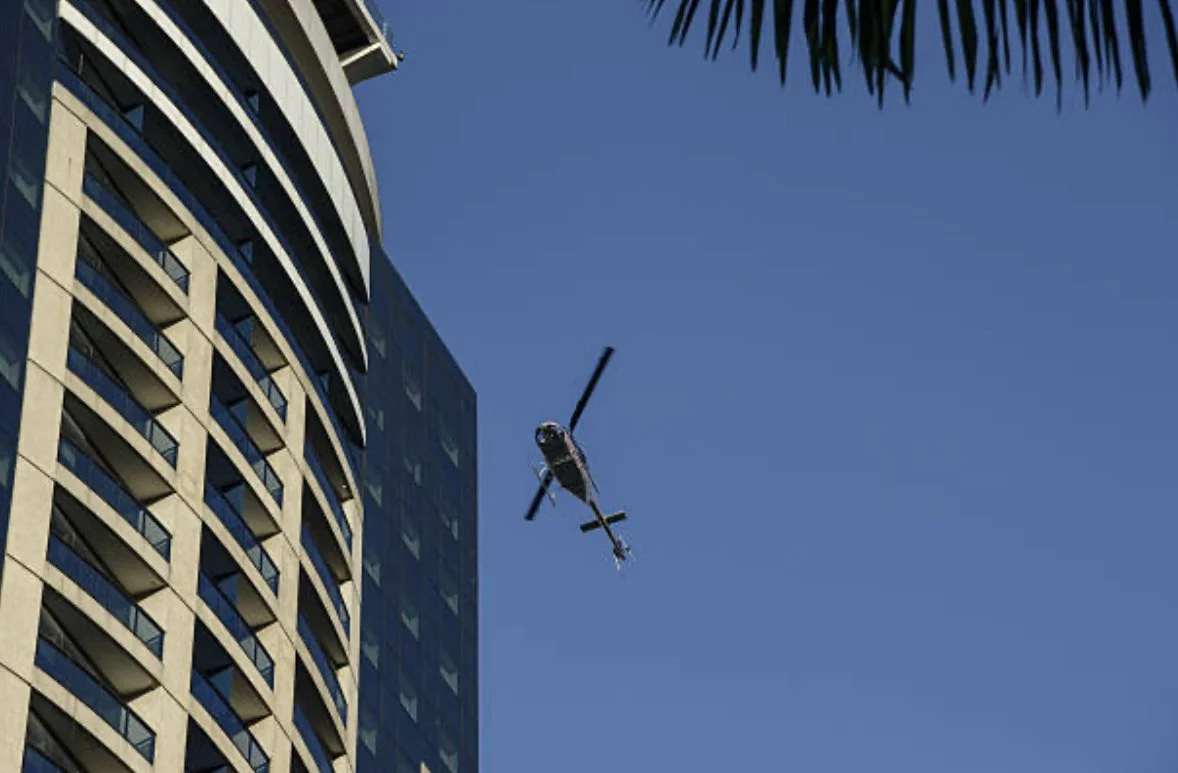Low flying helicopter above Sao Paulo, Brazil. Jardim's District.
