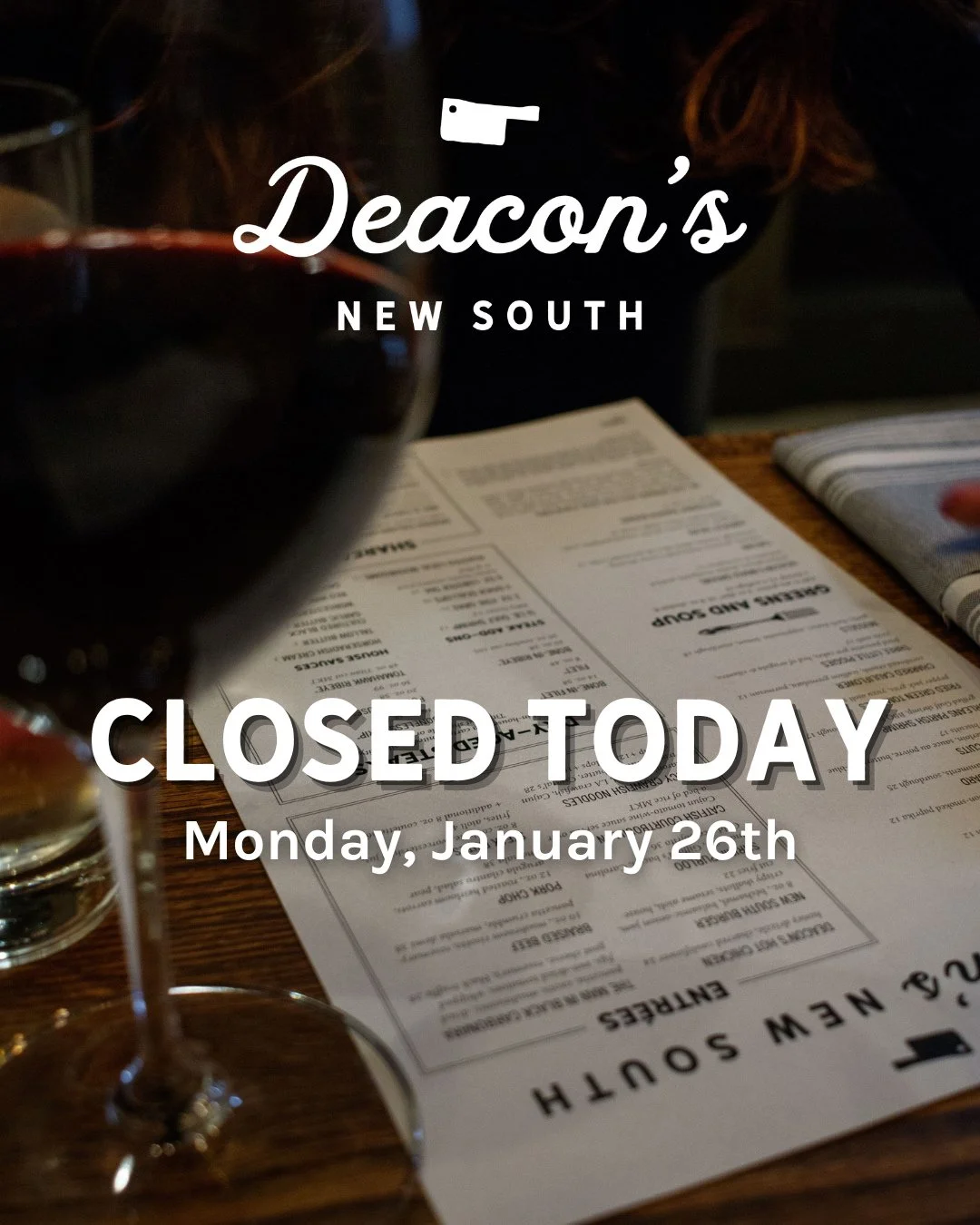 For the safety of our guests and team, we will be closed tonight, January 26th. Hoping everyone gets warm and stays safe!