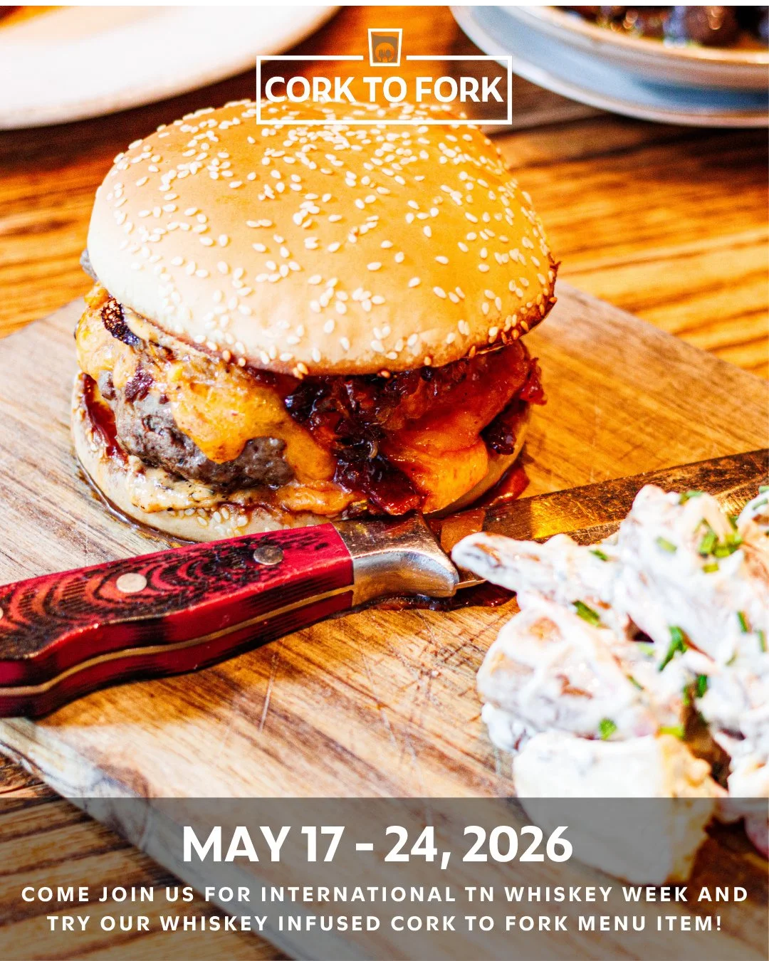 We&rsquo;re joining @TNWhiskeyTrail for Cork to Fork during International Tennessee Whiskey Week, May 17 through 24 🥃⁠
⁠
At Deacon&rsquo;s New South in Nashville, dig into the Steakhouse Burger made with a dry-aged beef blend and stacked with spicy 