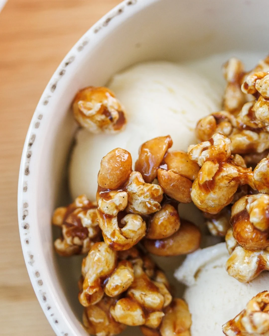 A classic scoop, dressed for the season. 

Three scoops of @hattiejanescreamery's seasonal ice cream with brown sugar crackerjack and toasted hazlenut crunch. Sweet, salty and just the right amount of indulgent.