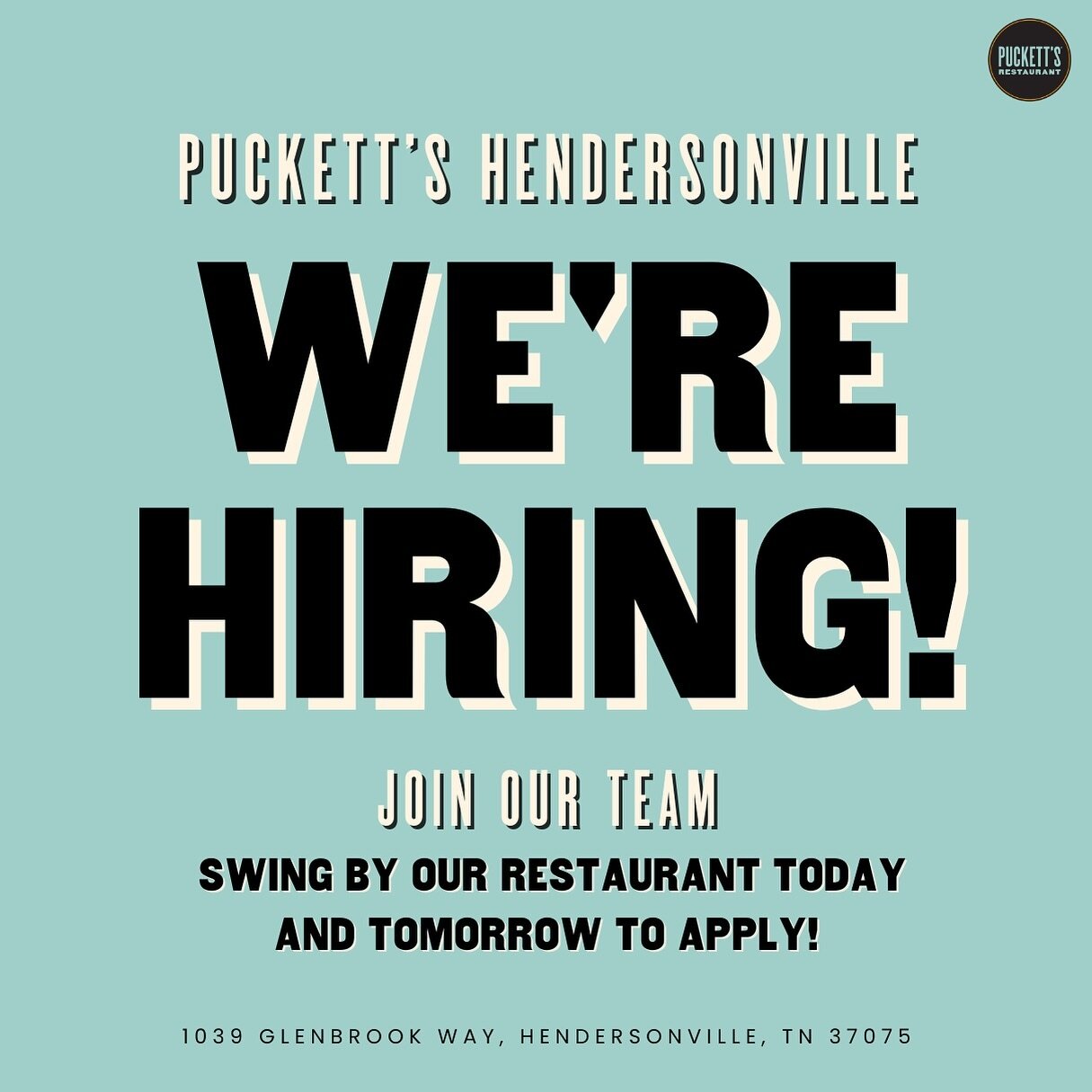 🌟 Join our Puckett&rsquo;s Hendersonville family! 🤝 We&rsquo;re hiring for all positions and would love to meet you. Swing by our restaurant today and tomorrow to apply and take the first step towards an exciting new career opportunity with us!🍴⁣
