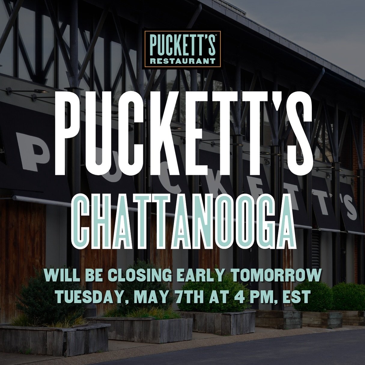 🚨 Attention Puckett&rsquo;s Chattanooga fam! 🚨 Tomorrow, we&rsquo;ll be closing up shop a little earlier than usual, at 4pm EST.⁣
⁣⁣
⁣We appreciate your understanding and don&rsquo;t worry, we&rsquo;ll be back bright and early the next day! Thanks 