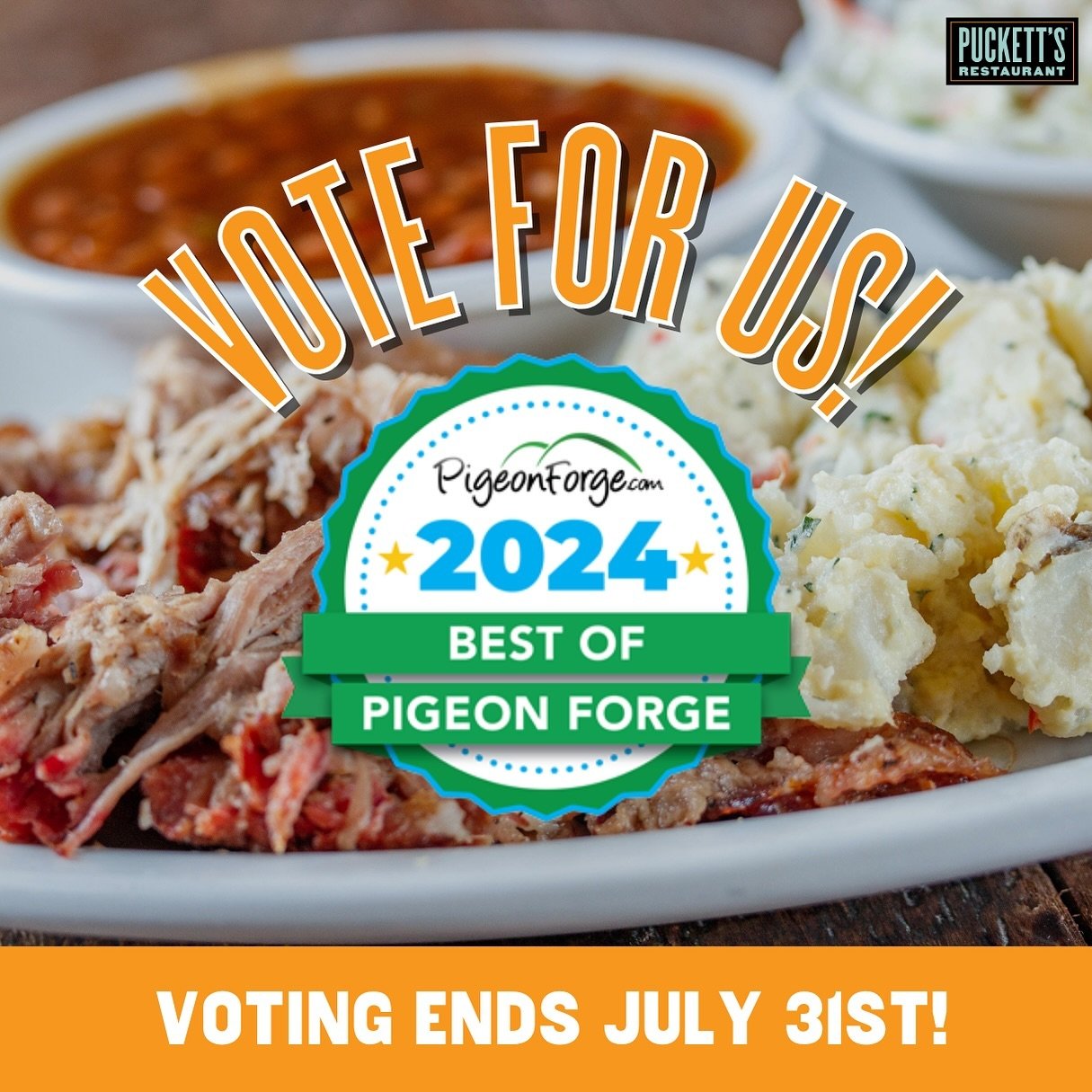 🌟 Pigeon Forge, we need your help! 🌟 ⁣
⁣⁣
⁣Puckett&rsquo;s Pigeon Forge is up for Best of Pigeon Forge in SIX categories: BBQ, Burger, Catering, Live Music, Southern Food, and Wings! 🏆🍗🍔 ⁣
⁣⁣
⁣Every vote counts, y&rsquo;all, and we can&rsquo;t d
