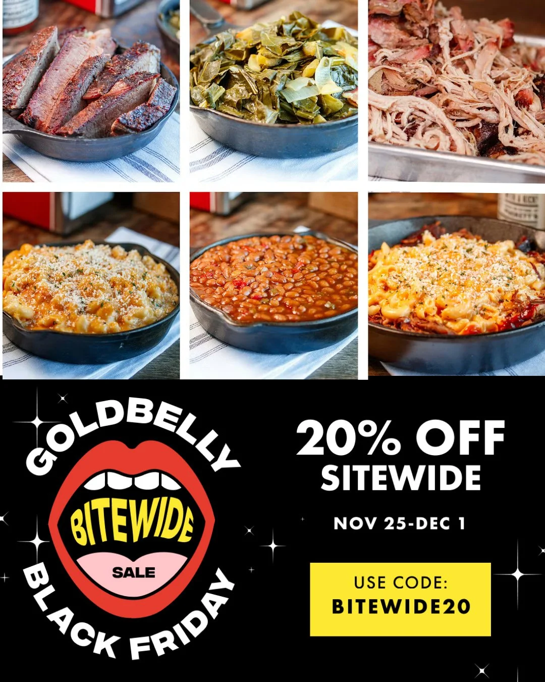 Skip the post-Thanksgiving scramble. ➡️Take 20% off on @Goldbelly with code BITEWIDE20 and get our brisket, pulled pork, Piggy Mac + fixin&rsquo;s shipped straight to your door. Perfect for easy meals after the holiday or sending a little Southern co
