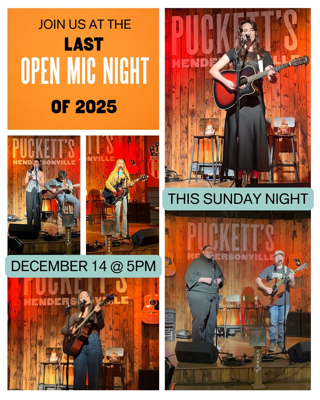 🎤 It's the last Open Mic Night of the year, ya'll! Make your reservation today and join us at Hendersonville Puckett's🤠⁠
⁠
#Openmic #livemusic #pucketts #