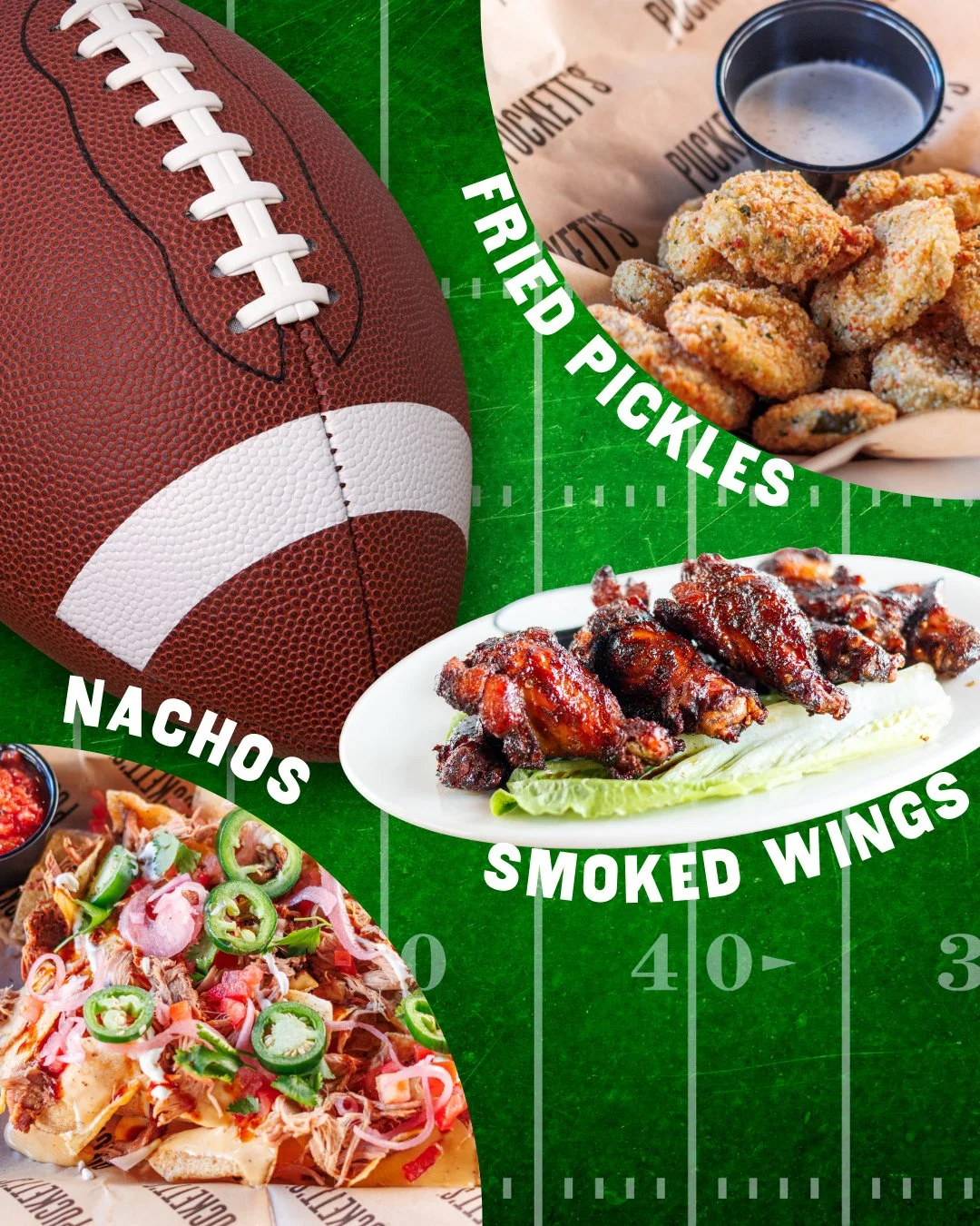 Don&rsquo;t let the table go empty next Sunday!🍴🏈⁠
Order smoked wings, pulled pork nachos, and fried pickles for all your fans, and pick up on game day!