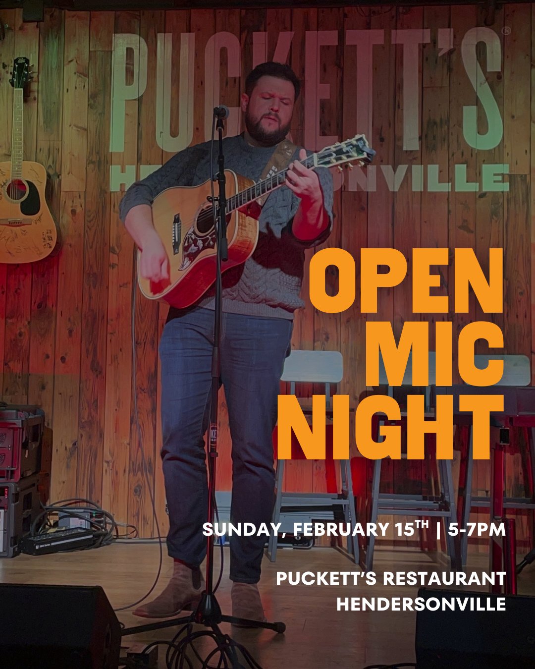 This Sunday at 5 PM, it&rsquo;s Open Mic Night at Puckett&rsquo;s. 🎤 Grab dinner, settle in, and enjoy the show.⁠
Want to perform? Sign up at the link in our bio.