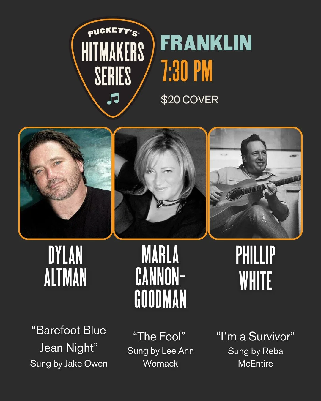 One week away from our Hitmakers Series featuring Dylan Altman, Marla Cannon-Goodman, and Phillip White🎶⁠
⁠
Known for writing hit songs like "Barefoot Blue Jean Night", "The Fool" and "I'm A Survivor", these 3 artists w