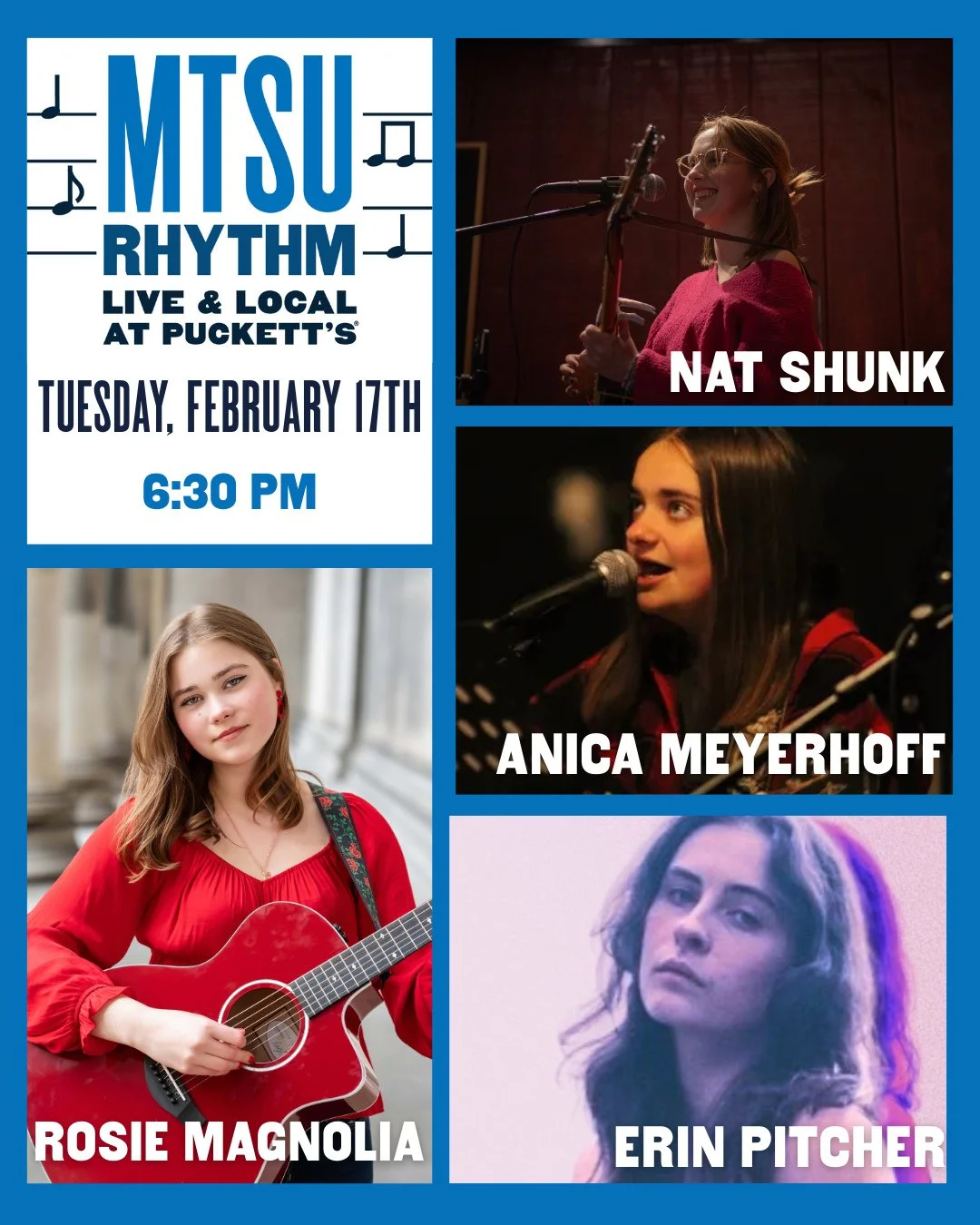 Tomorrow night kicks off the first MTSU Rhythm Live &amp; Local at Puckett's featuring a commercial songwriting showcase by Nat, Anica, Rosie, and Erin. 🎵🎤 Hope to see you there!⁠