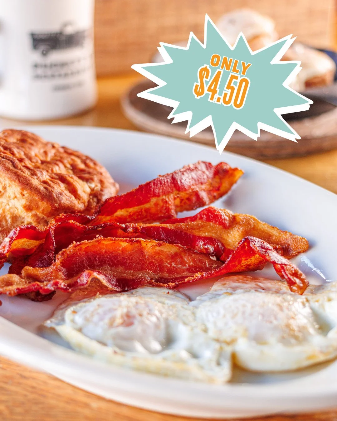 Two eggs, your choice of meat, and a biscuit at the same price as when we first opened in 2004 🍳🥓 Start your morning with the Throwback Early Riser!