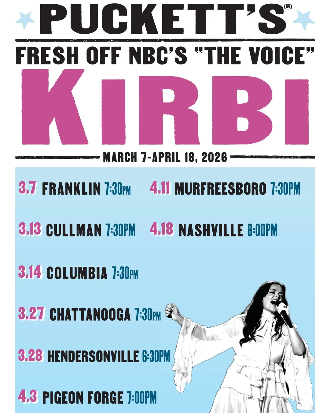 From The Voice to Puckett&rsquo;s 🎶⁠
⁠
Kirbi, a Season 28 Playoff Round standout on The Voice, is bringing her Southern country soul to all Puckett&rsquo;s locations March 7&ndash;April 18.⁠
⁠
Reserve your table for the show nearest you at the link 