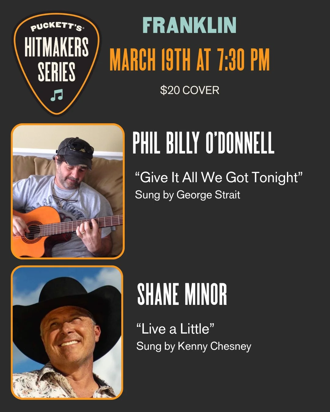 One week until Hitmakers returns to Franklin 🎶⁠
Spend the evening with hit songwriters Shane Minor and Phil &ldquo;Billy&rdquo; O&rsquo;Donnell as they share the stories behind the songs you know and love.