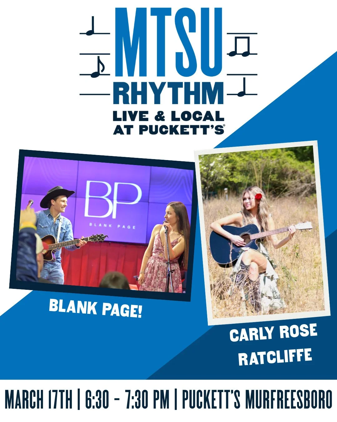 Join us in Murfreesboro for a night of live music 🎶 On Tuesday, March 17, MTSU Rhythm brings student singer-songwriters Blank Page! and Carly Rose Ratcliffe to the stage. Grab a table, enjoy some good food, and settle in for a great night.⁠
⁠
🎓 Stu