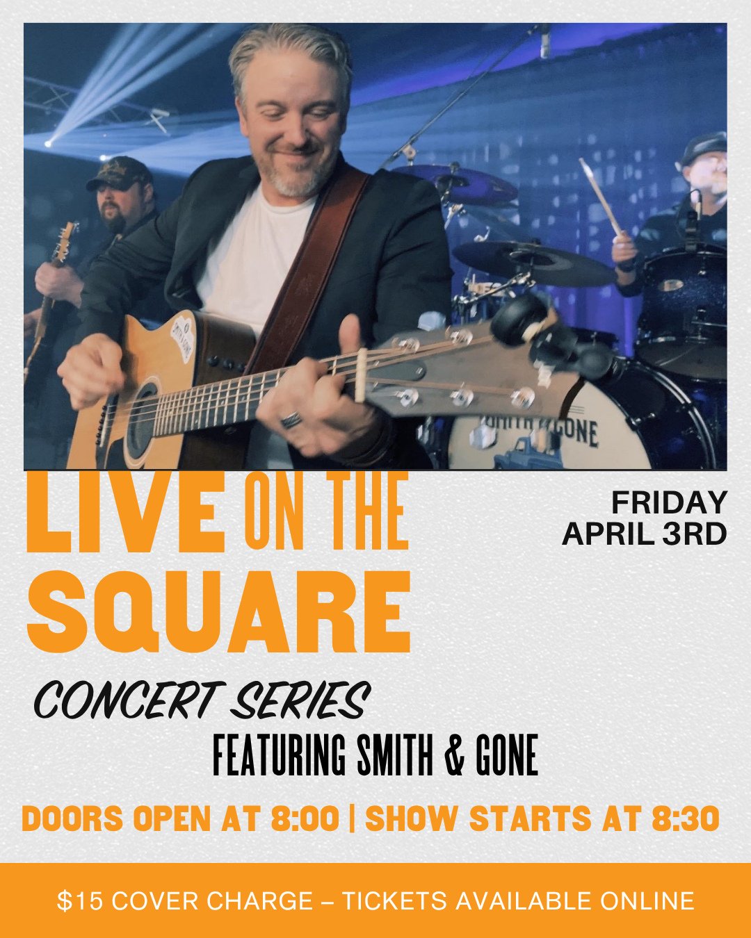 This Friday night 🎸 Live on the Square kicks off upstairs at Guitar &amp; Cadillac Hall with Smith &amp; Gone playing the classics you know and love, plus a few of their originals.⁠
⁠
Come hungry. Bring your friends. Stay for the music.⁠
⁠
🎟️ Ticke