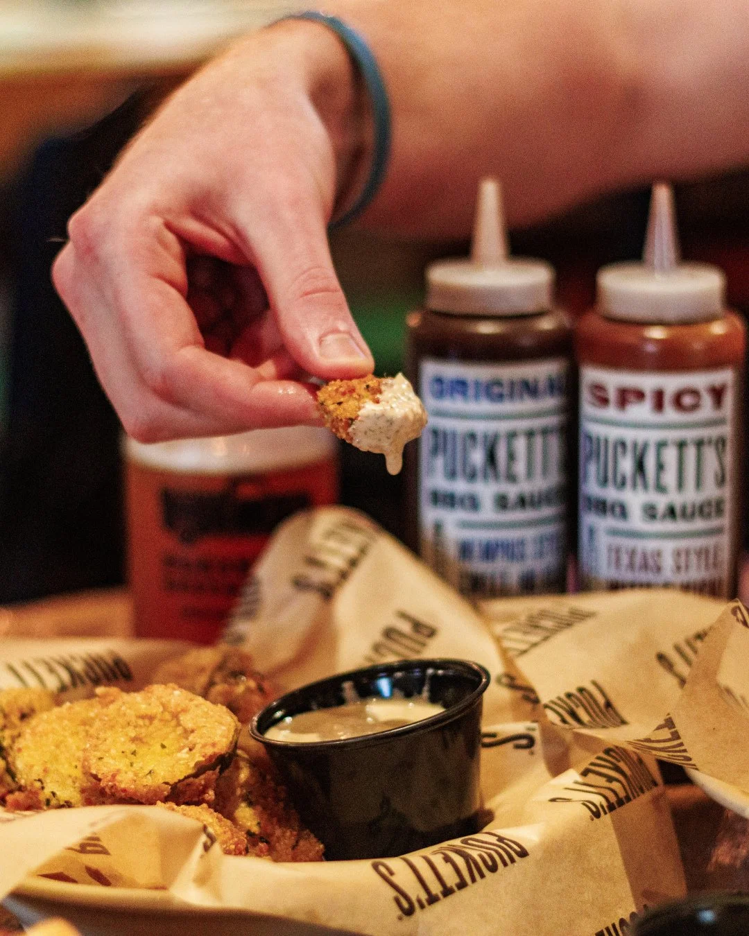 Fried pickles deserve a full dunk in our BBQ Chipotle Ranch! 🥒 Only $8 for a basket during happy hour.