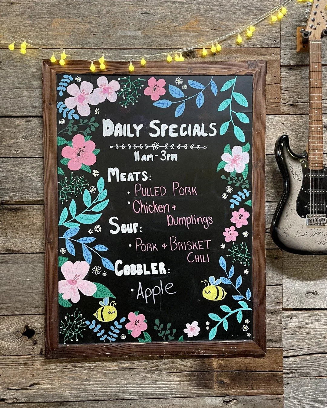 Every lunch is a little different 'round here. Check the chalkboard for the day&rsquo;s Meat &amp; 3 and the cobbler we&rsquo;ve got baking fresh - you'll wanna save room for it. 🍎