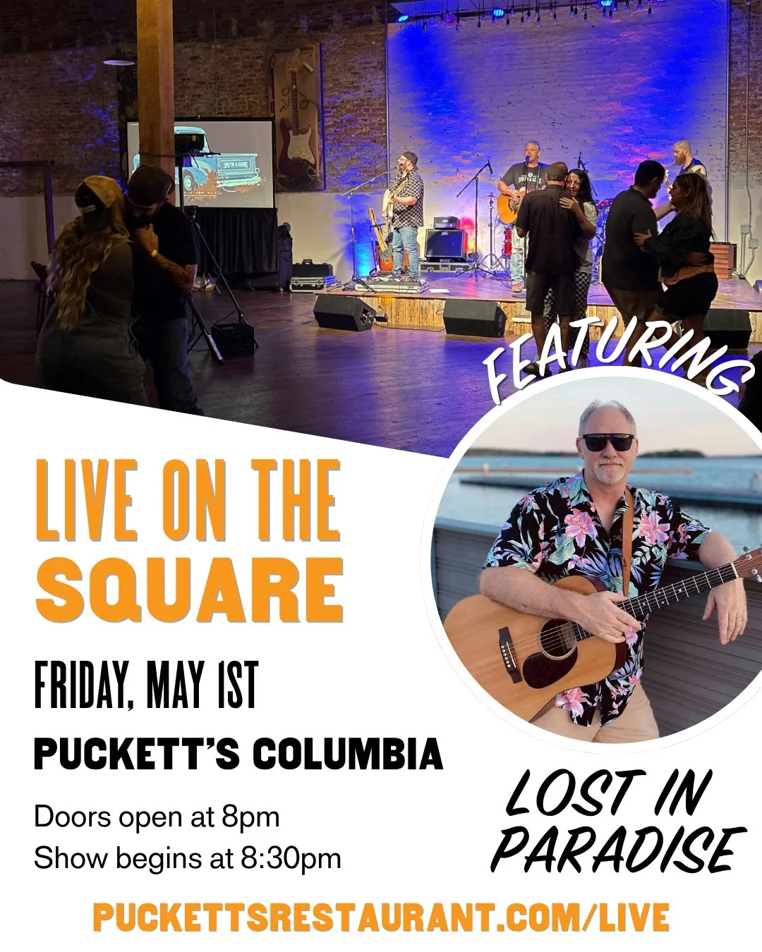 This Friday it's time to get Lost in Paradise 🌴 Our next Live on the Square concert will feature Shawn Pody and his popular Jimmy Buffet tribute band. We'll see you upstairs at Puckett's Columbia for the show at 8:30 PM. We'll have the bar and menu 
