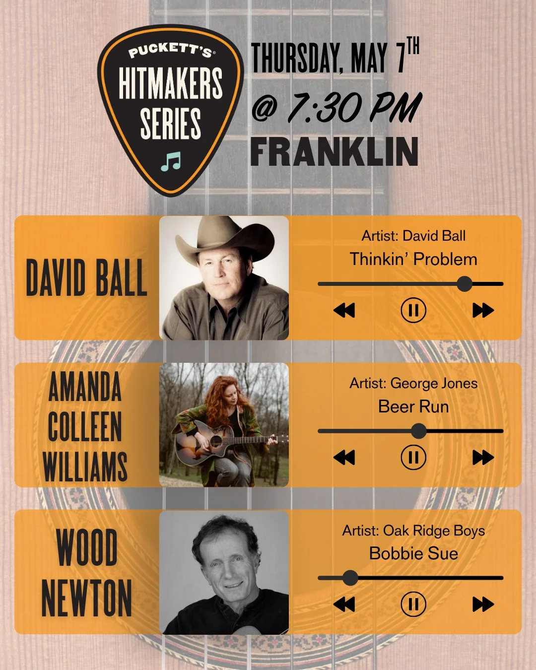 We're just one week away from our May Hitmakers series featuring David Ball, Amanda Colleen Williams, and Wood Newton! 🎸 Now on the first Thursday of every month, you'll hear the stories behind some of their most famous songs and hear them live from
