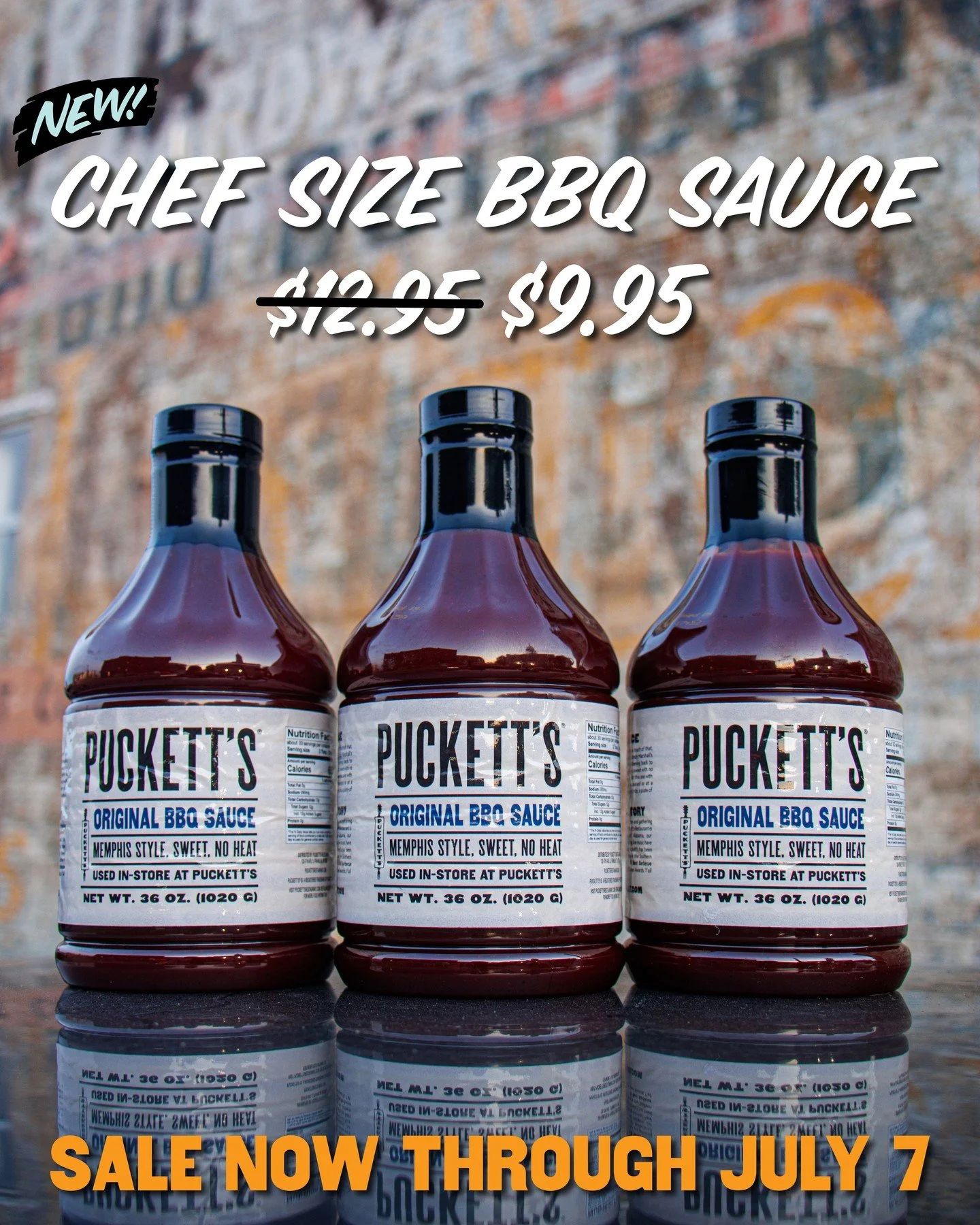 Hey Puckett's fans, have you heard the news?⁠
⁠
Our original BBQ sauce now comes in a larger size. 32oz of Memphis style sweet BBQ sauce just in time for summer grilling season. To celebrate we're offering it at $9.95 now through July 7th. ⁠
⁠
Swing 