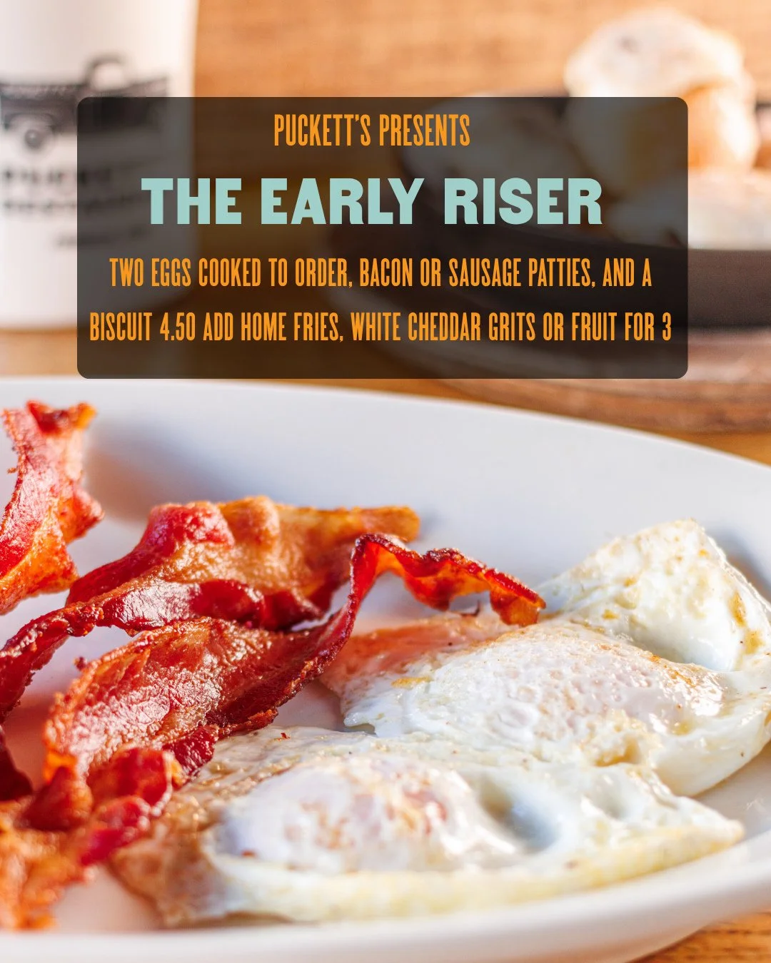 It's 2004 all over again. 🍳 Our Early Riser comes with two eggs cooked to order, bacon or sausage patties and a biscuit for just $4.50. Add home fries, white cheddar grits or fruit for $3.
