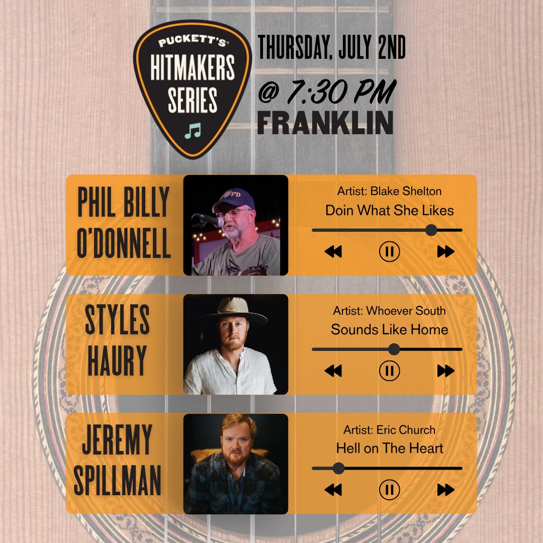 Lookin' for something fun to do this evening? Grab a reservation and join us at our Franklin location for this month's Hitmakers Series.⁠
⁠
This month we're welcoming Phil Billy O'Donnell, Styles Haury, and Jeremy Spillman to our stage. Spend the eve