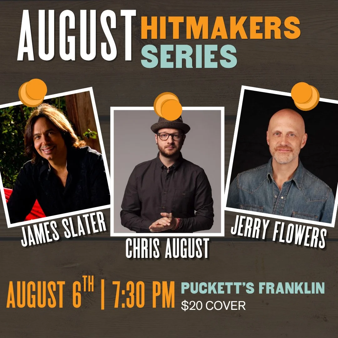 We're 2 weeks away from our next Hitmakers Series. ⁠
⁠
Join us this month as we welcome James Slater ("Unstoppable" sung by Rrascal Flatts), Chris August ("God Whispered Your Name" sung by Keith Urban), and Jerry Flowers ("Ho