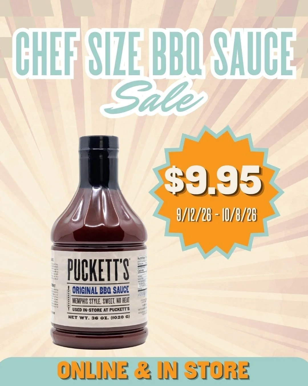 Have you grabbed your bottle of our original Memphis style sweet BBQ sauce yet? From now through October 8th the large, chef size bottle is on sale for just $9.95. Stock up while supplies last!