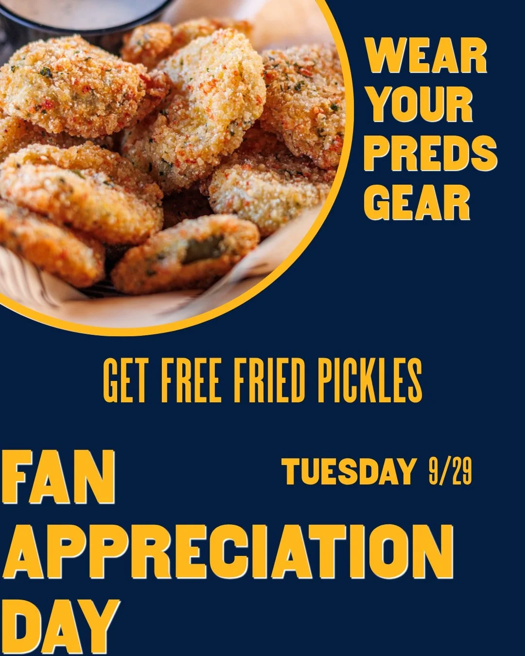 Calling all Nashville Predator fans!

We're celebrating the start of the season with a fan appreciation day. Stop by any of our middle Tennessee Puckett's locations on Tuesday, September 29th in your Preds gear and you'll receive a free order of our 