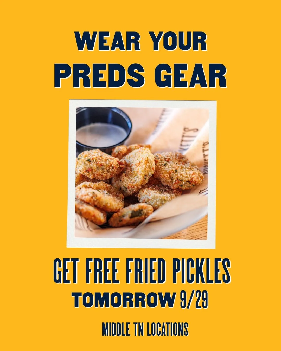 Tomorrow's our Nashville Predator's fan appreciation day. Stop by any middle Tennessee Puckett's location wearing your Preds gear and receive a FREE order of our fried pickles. 

* Free fried pickles with purchase of entree. Limit 1 per table. Valid 