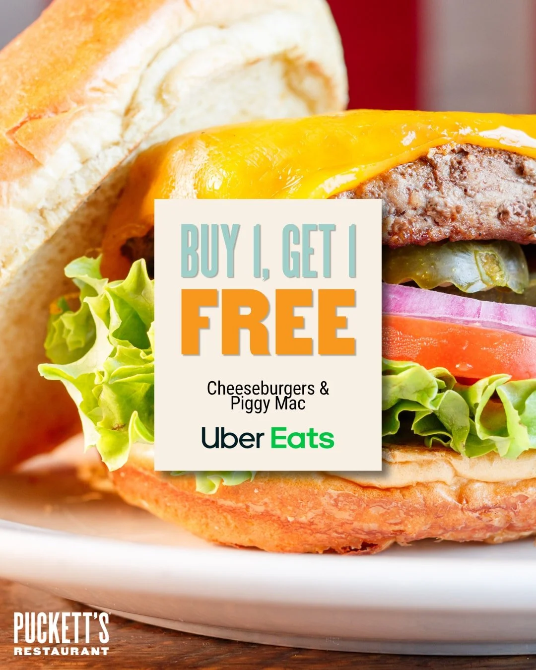 Your Puckett's order just got twice as good. 🍔 For a limited time on Uber Eats, buy one Cheeseburger or Piggy Mac and get one FREE.

Order your favorites straight to your door and take advantage of the BOGO deal while it lasts!