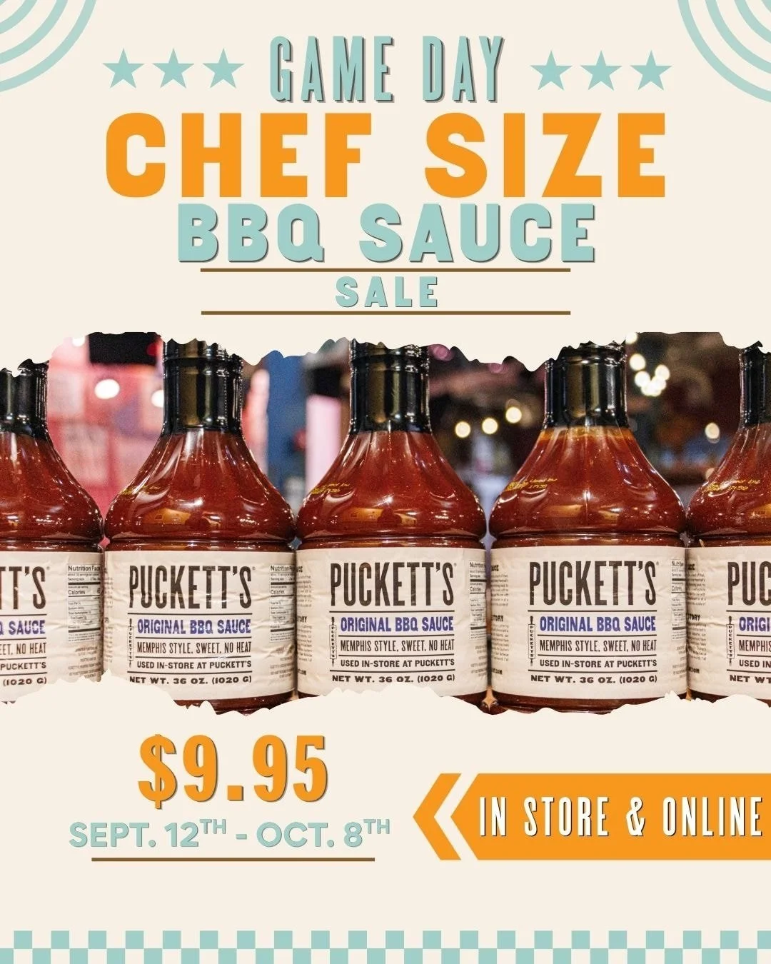 It's Friday and that means another weekend full of football!

Swing by Puckett's and grab a chef size bottle of our Memphis style original BBQ sauce for just $9.95. You can focus on the game instead of worrying about running out of BBQ sauce for your