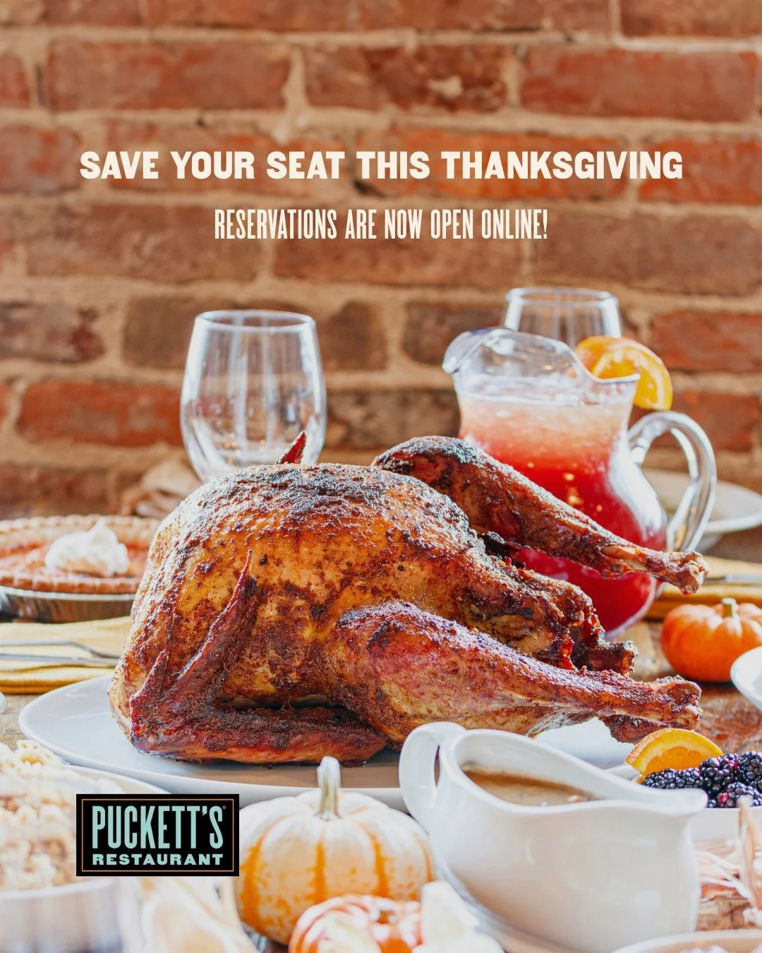Thanksgiving plans? We've got a seat waiting for you! 🦃🍂

Let us take care of the cooking and cleanup this year! Thanksgiving reservations are officially open at Puckett's, with a holiday dinner menu available for $34.99 per person. Reserve your ta