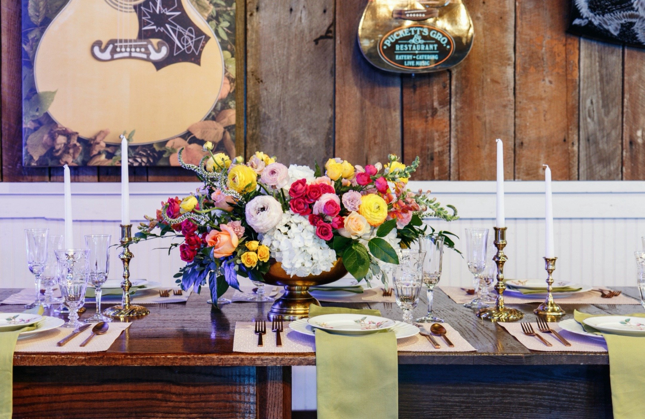Floral arrangement and dining table decor